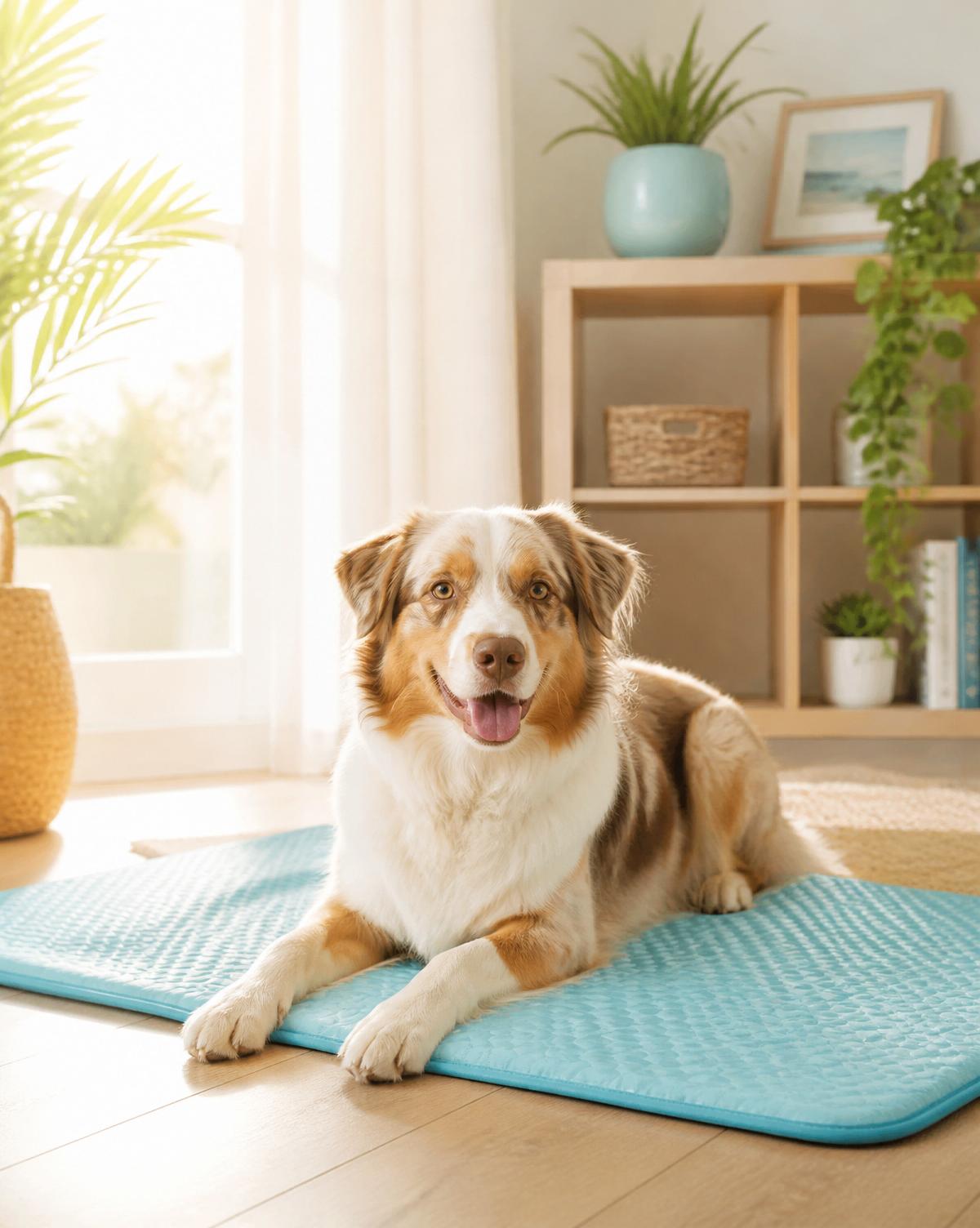 Dog resting on a cooling mat in a garden